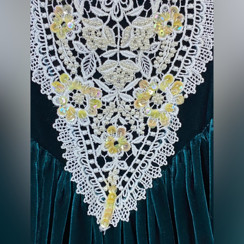 Jessica McClintok Vintage Velvet Lace and Beaded Dress 4 Green 80’s Petticoat - Picture 7 of 12